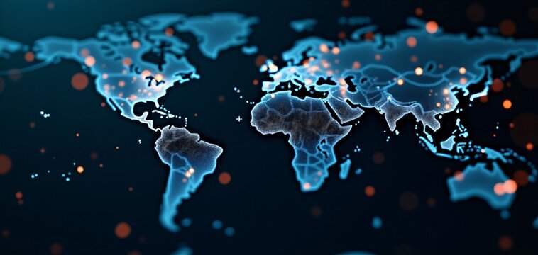 A global blockchain network with glowing nodes, symbolizing the worldwide reach of cryptocurrency transactions and decentralized finance.