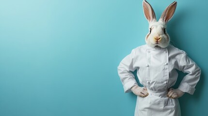 An anthropomorphic rabbit dressed in a crisp white chef's uniform, standing confidently against a bright blue background, combining whimsy with professionalism.