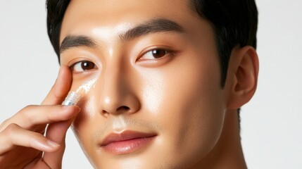 Obraz premium Radiant Asian young man gently applying serum to his glowing face, with a pristine white background.