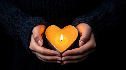 A heart-shaped candle flickers gently in cupped hands, symbolizing warmth, love, and tranquility in a dark setting.