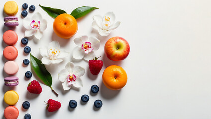 a cake on a table with flowers and fruit