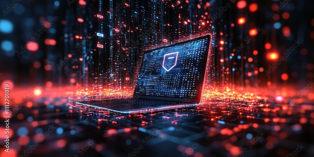 Poster modern laptop displaying cybersecurity concepts with vibrant digital effects in a tech-inspired envi