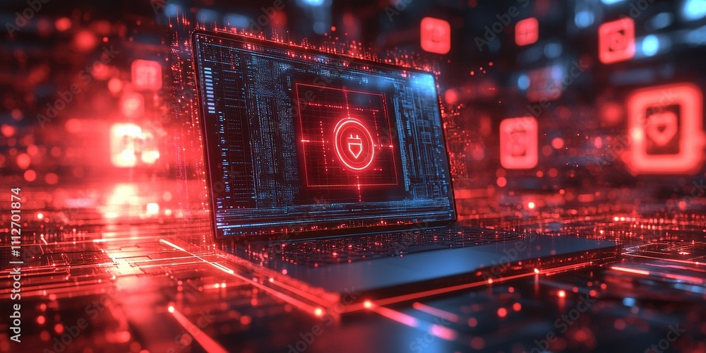 Poster digital security interface displayed on a laptop against a futuristic data landscape during a tech-i