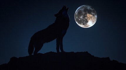 Silhouetted wolf howling at full moon in night sky.