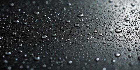 Water drops on silver metal surface. AI generated.