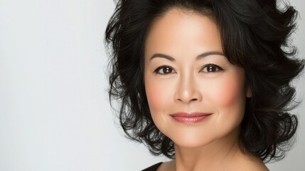 Fototapeta premium Radiant complexion of an Asian woman with natural beauty, smiling gently, white background.