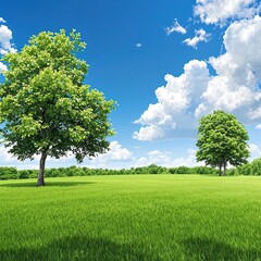 Obraz premium Lush green lawn with a few trees in the background, serene atmosphere, nature scenery