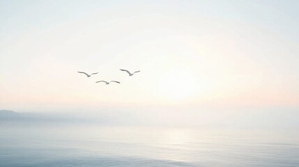Fototapeta premium Serene Dawn: Bird Silhouettes Gliding Through Pastel Hues