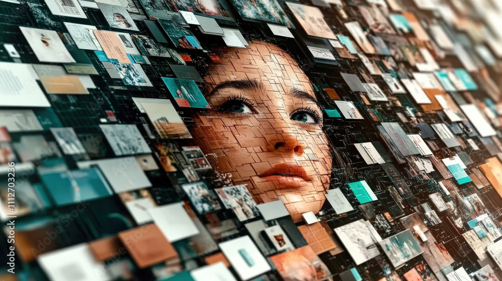 Poster anti tracking of privacy: digital avatar surrounded by fragmented data, showcasing blend of technolo