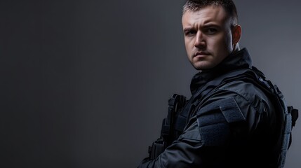 Obraz premium SWAT caucasian man isolated on grey background
