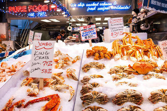 seafood for sale on a market stall in Pike Place market, Seattle, USA