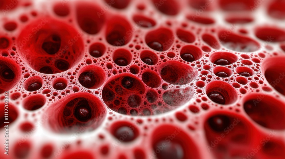 Poster red bubbles create a mesmerizing abstract pattern, resembling a microscopic view, ai