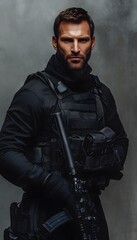 Fototapeta premium SWAT caucasian man isolated on grey background