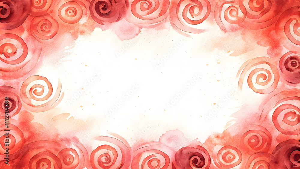Poster abstract watercolor swirls in deep crimson and soft peach creating a romantic frame