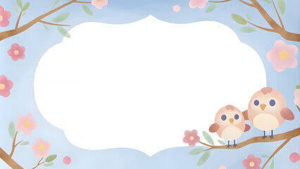 Charming birds on blooming branches with a pastel background and ample copy space