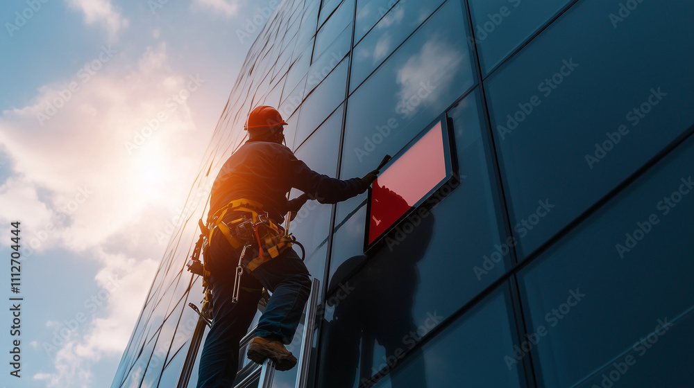 Poster a worker on a ladder using a thermal imaging tablet to scan for heat leaks in a building facade, wit