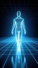 A glowing digital human figure walks through a futuristic grid landscape, AI
