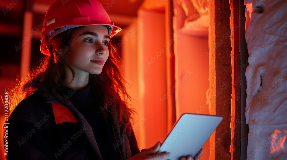 Poster a focused shot of a worker using infrared technology on a tablet to evaluate energy efficiency in an