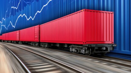 Obraz premium Red cargo containers on a train track symbolize global trade and logistics, AI