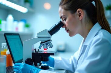 Woman medical researcher analyzing under a microscope in a lab setting. Young female looking into a microscope, light blurred background. Research of microorganisms, virus and other substances