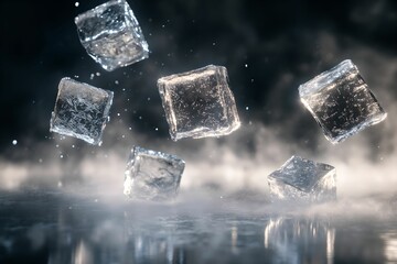 Ice Cubes in Flight with Frosty Texture, frost, reflections, mist, cold