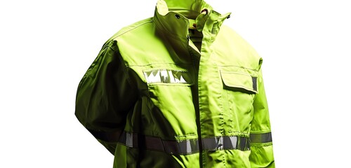 Fluorescent green safety wear jacket featuring horizontal reflective stripes, crisp high-definition detail