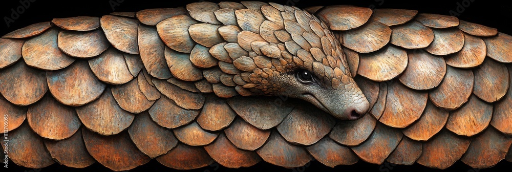 Poster pangolin scales overhead, intricate arrangement of overlapping scales, showcasing unique texture and