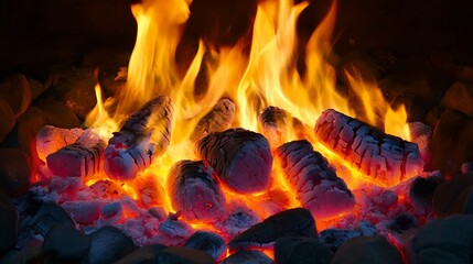 Fototapeta premium Vibrant Flames and Glowing Embers, fire, warmth, heat, glow