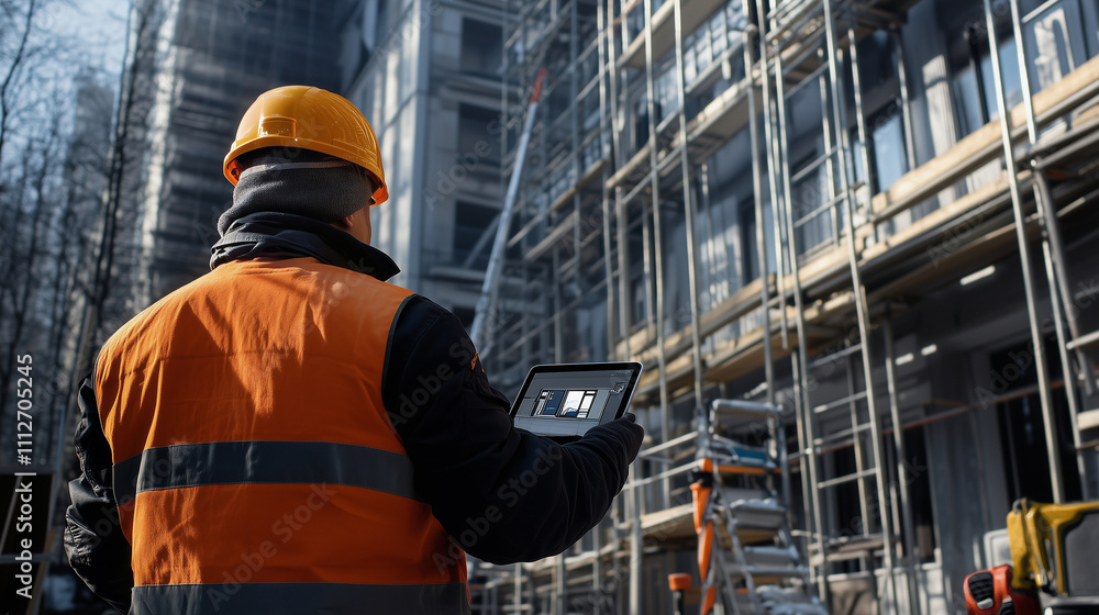 Poster a worker using a thermal imaging tablet to scan window installations on a building, with scaffolding