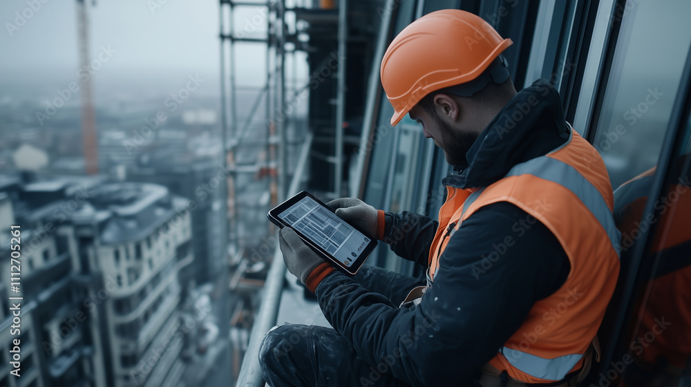 Poster a worker using a thermal imaging tablet to scan window installations on a building, with scaffolding