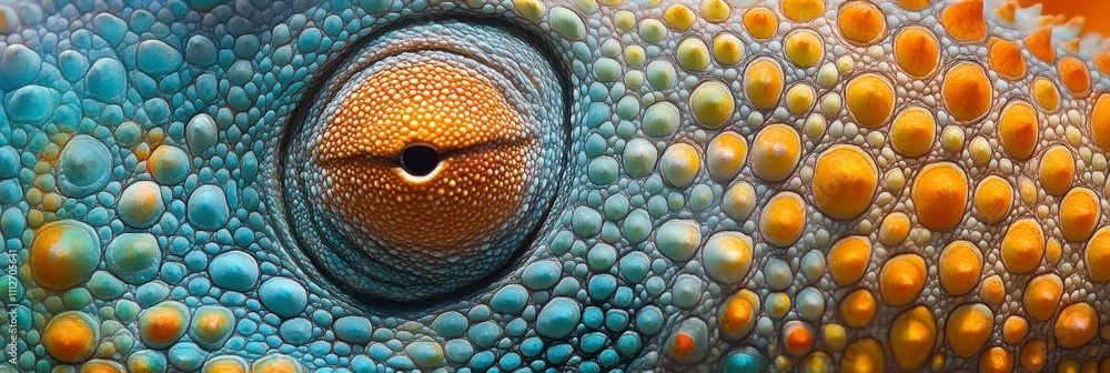 Poster chameleon scale study, showcasing intricate textures and vibrant color shifts from an aerial perspec