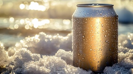 Refreshing Cold Beer Can on Crushed Ice, condensation, sunlight, outdoors, droplets