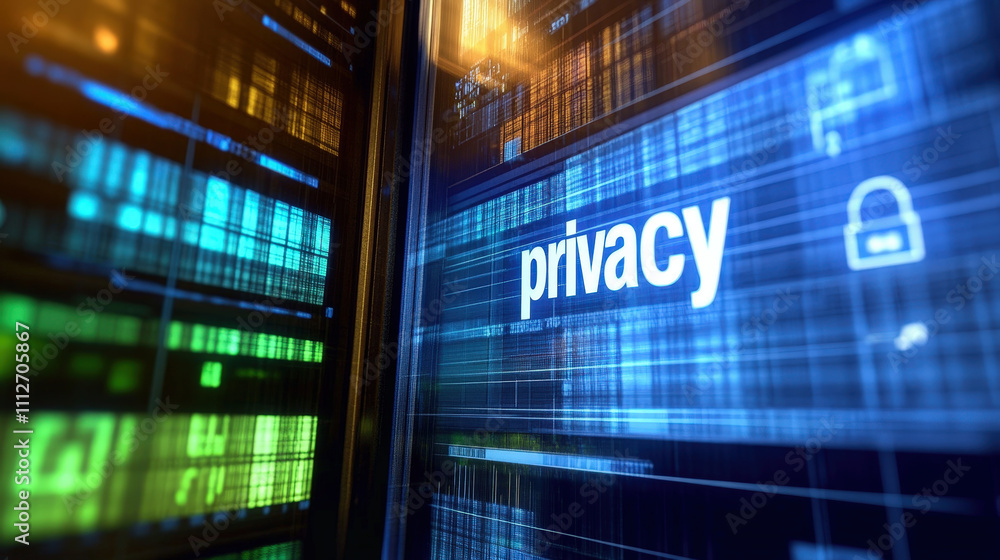Poster anti tracking of privacy: privacy is prominently displayed on digital interface, symbolizing data se