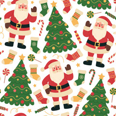 Christmas seamless pattern with Santa Claus, tree, stockings, candy canes, candies and lollipops on white background. Xmas celebration. Vector flat illustration for wallpaper, textile, packaging