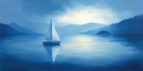 Sailboat Serenity, a graceful vessel navigating calm waters, distant islands blending into the horizon, inspiring a spirit of adventure
