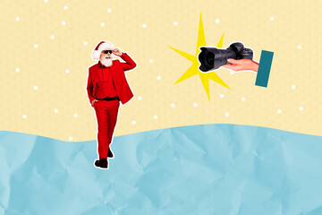 Composite art 3d creative image collage of happy old santa claus celebrity walk winter park...