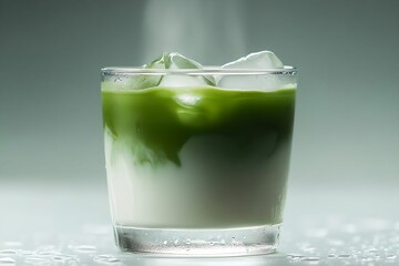 Refreshing Iced Matcha Latte in a Glass, drink, cooled, green, milk