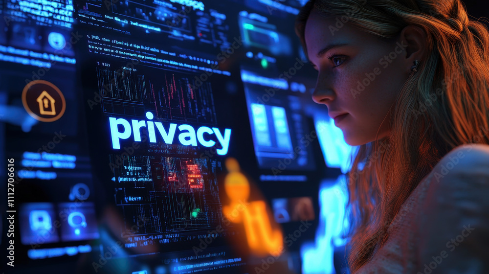 Poster anti tracking of privacy: privacy technology interface showcasing woman interacting with holographic