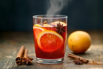 Festive Glühwein in a Clear Glass with Citrus and Spices, gluhwein, drink, christmas, warm
