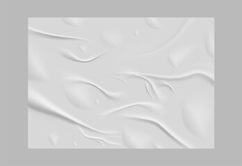 Paper wrinkled poster or flyer, glued wrinkles rectangle white sheet blank, vector horizontal wet crumpled paper sheet