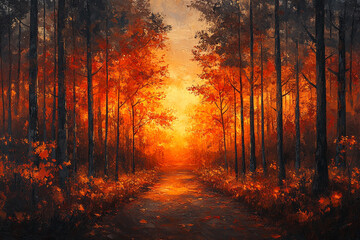 Autumn Forest Path Sunset Glow Through Trees