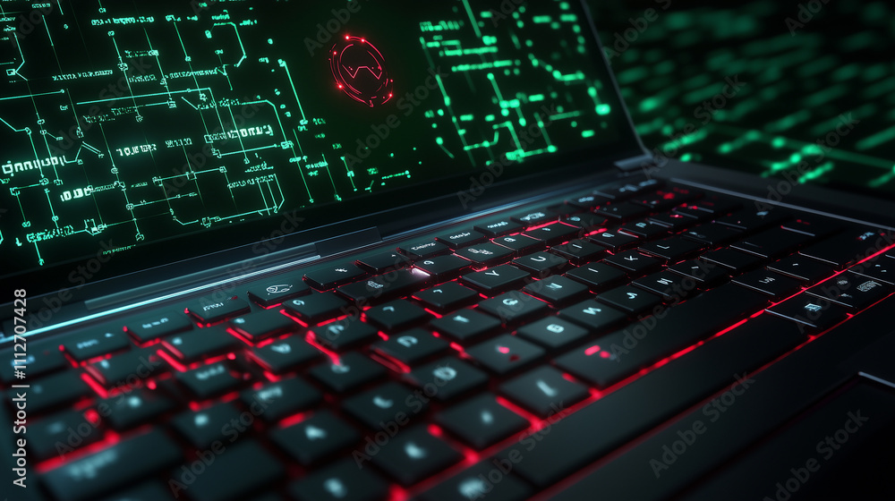 Poster a close-up of a laptop keyboard with a warning icon on the screen, surrounded by a digital green mat