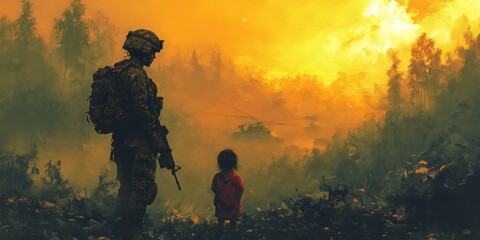 Soldier in contemplation as a woman bids farewell to a child, emotional scene capturing moments of love and sacrifice, digital art illustration