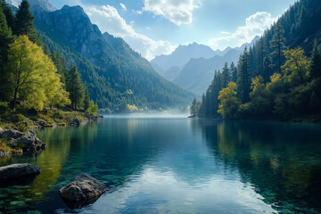 A lake in the middle of a mountain range surrounded by trees
