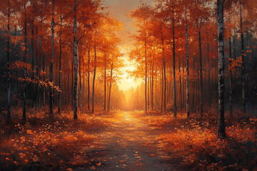 Obraz premium Autumnal Path Through a Golden Forest at Sunset