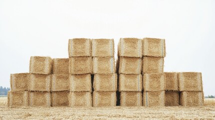 Fototapeta premium Stacked square bales of straw with visible compression bands, set against a white background, perfect for rural imagery.