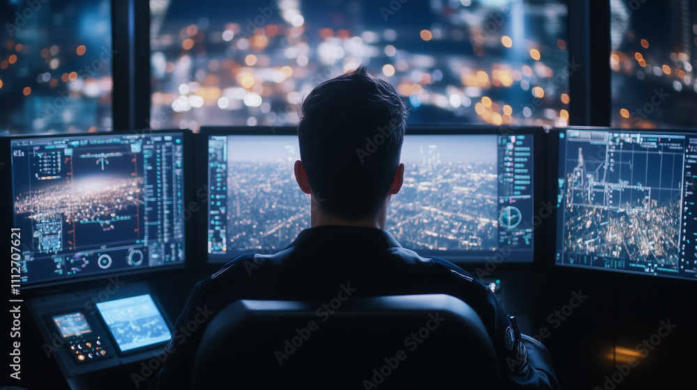Poster a dynamic view of a pilot engaging with a flight simulator, surrounded by detailed monitors showing 