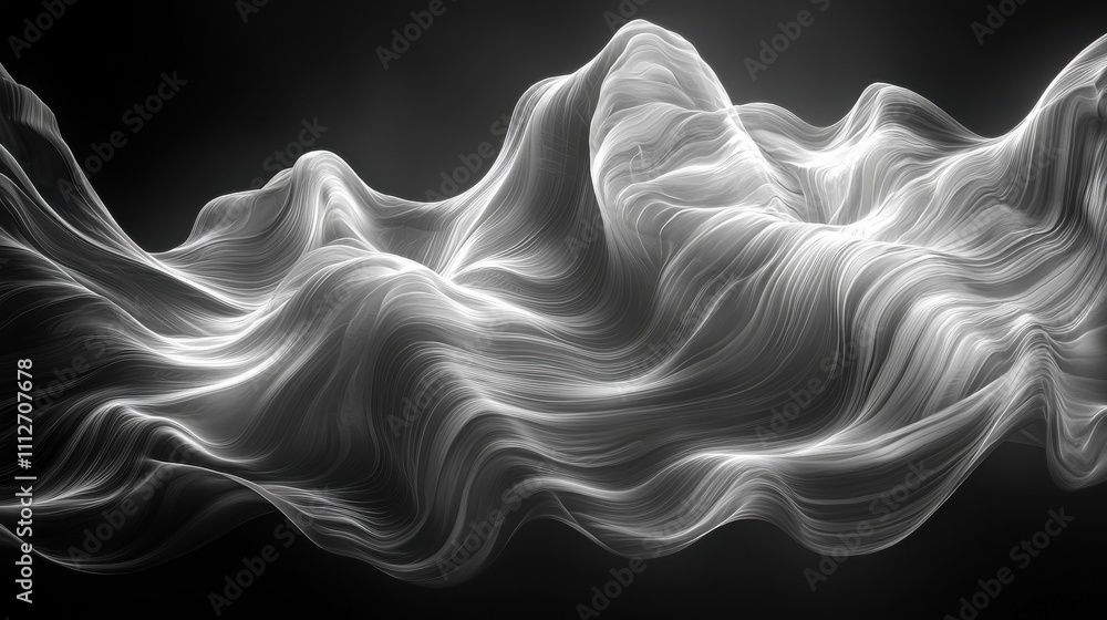 Poster abstract representation of flowing waves showcasing motion and texture in a monochromatic design
