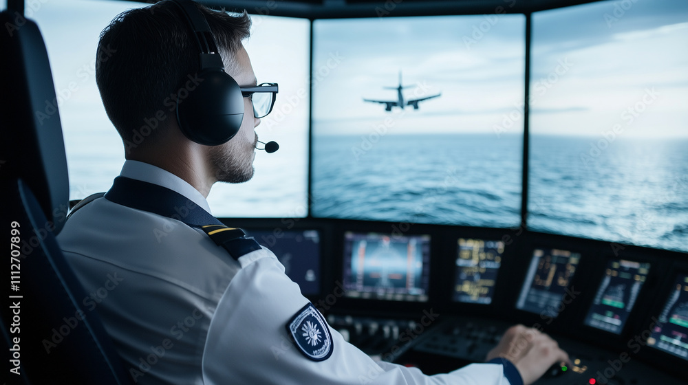 Poster a pilot in uniform inside a sophisticated simulator, with panoramic monitors displaying a smooth tak