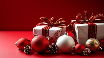 Festive Christmas Gifts Ornaments Red Background